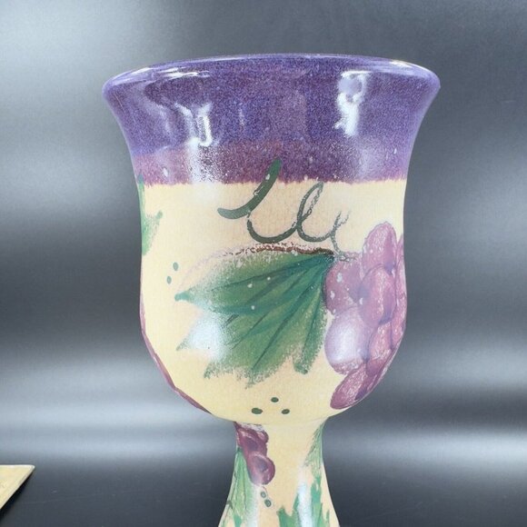 Studio Art Pottery Hand Made Goblets Drinking Wine Glasses Signed Purple Grapes - Picture 13 of 16